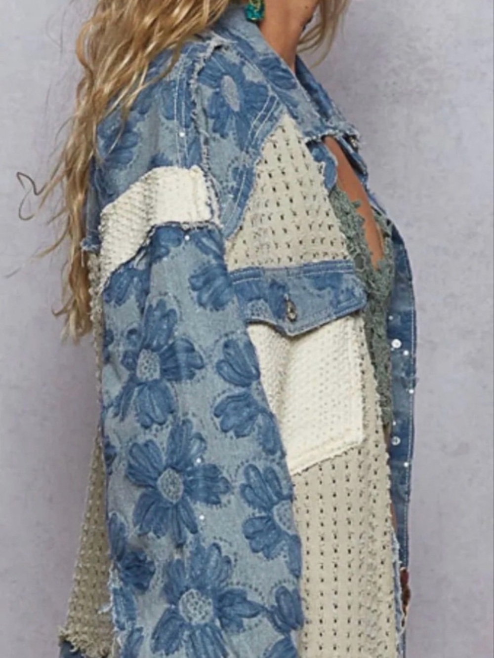 POL Blue and Cream Patchwork Denim Jacket - Picture 3 of 3